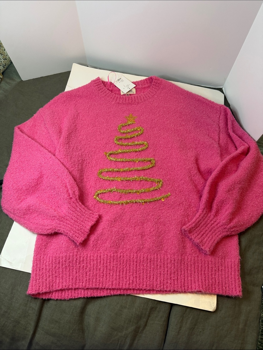 Fuchsia Bouclé Holiday Crewneck Sweater with Gold Tree Detail 🩷🎄
